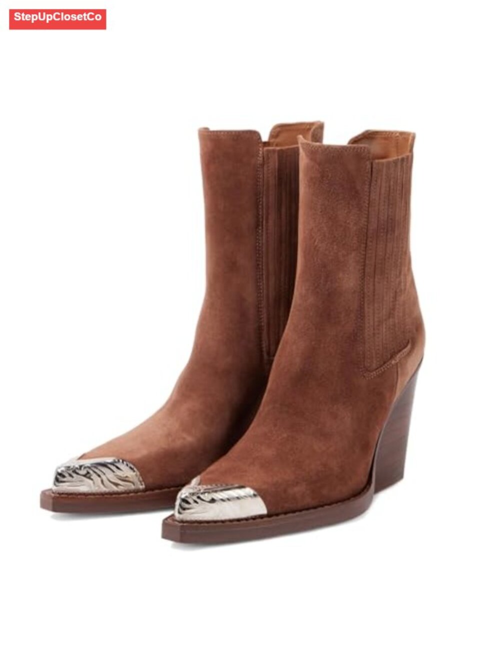 Suede Western Cowboy Ankle Boots Pointed Toe Stacked Block Heel